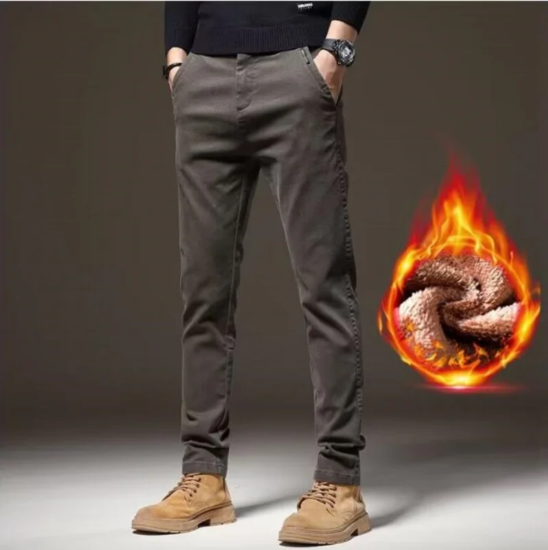 

Brand Clothing Winter Fleece Warm Casual Pants Men Cotton Elastic Waist Brown Grey Twill Work Slim Flocking Cargo Trousers Male