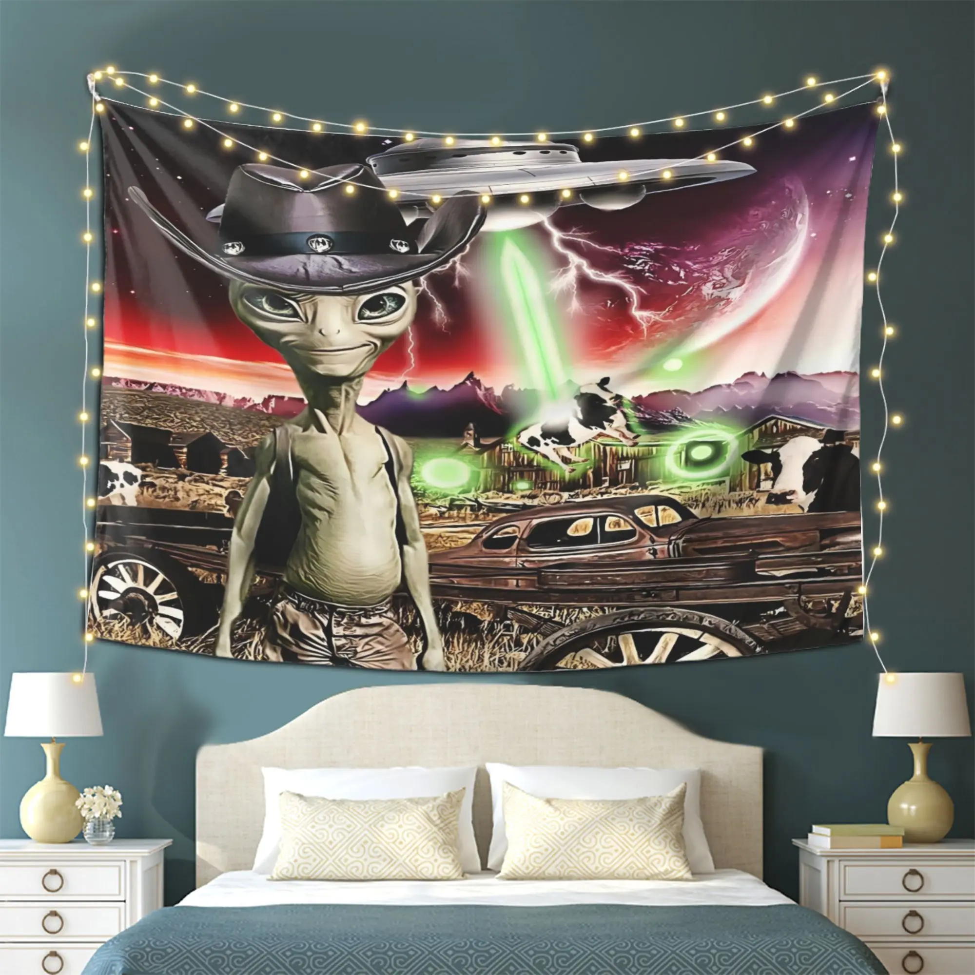 1pc Cowboy Alien UFO Cow Abduction Tapestry Wall Hanging Aesthetic Room Decor Cool Room Stuff Background Cloth for Bedroom Dorm