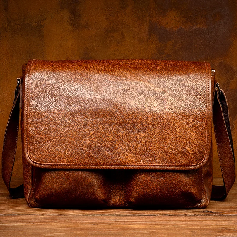 Men Distressed Soft Cognac Genuine Leather Handmade Messenger Bags Male Shoulder Crossbody Square Bags Handbag Sac homme