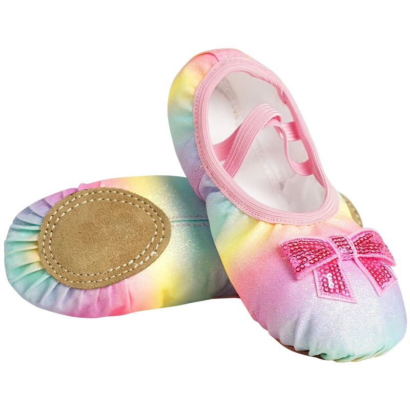 Girls Ballet Shoes PU Dance Shoe Glitter Ballet Flats with Sequin Bow Soft Sole Dance Slippers Ballet Dance Shoes for Kids