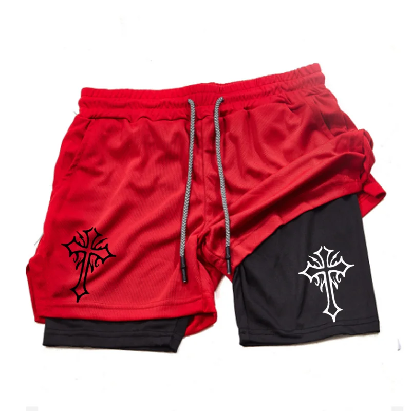 Cross Print 2 in 1 Workout Running Shorts for Men Christian Gym Athletic Shorts with Compression Liner Phone Pocket Towel Loop