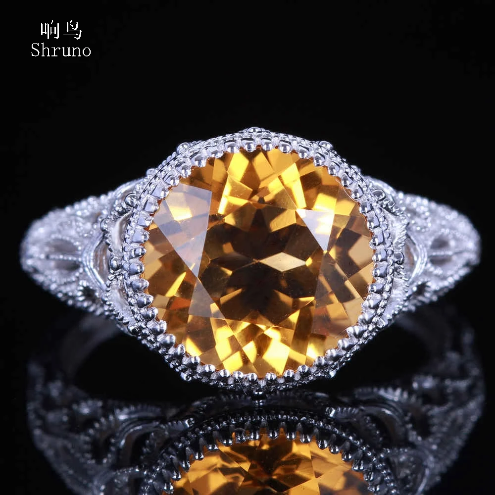 

Shruno Solid 14k 10k White Gold Flawless Round 10mm Genuine Citrine Engagement Ring For Women Classical Simple Vintage Jewelry