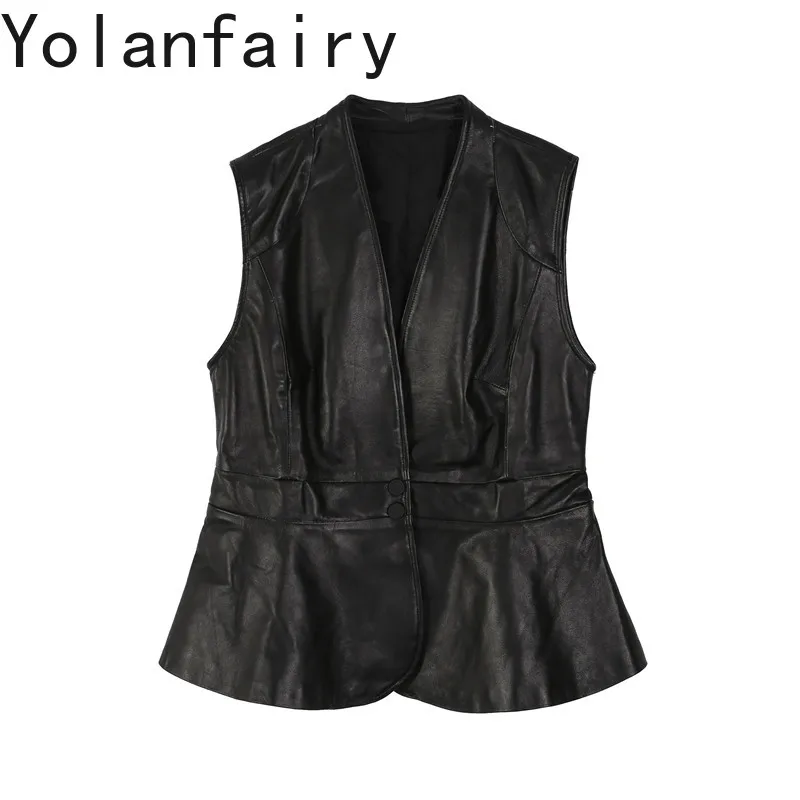 YOLANFAIRY Women Short V Neck Genuine Sheepskin Vest 2026 Autumn New Black Slim Versatile Sleeveless Leather Waistcoat Outer Top