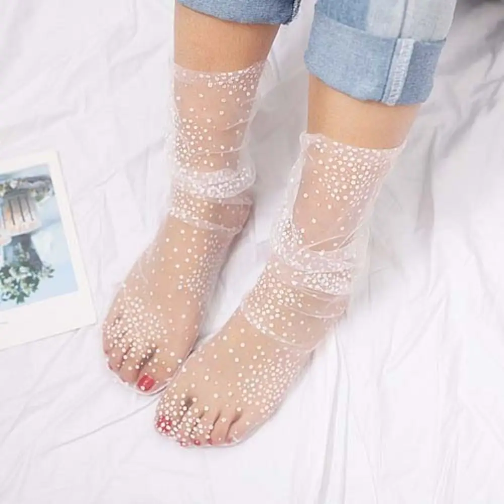 

Милые прозрачные тюлевые короткие носки с цветочным принтом, носки с прозрачной кружевной сеткой и цветочным принтом, средние носки-трубы, быстросохнущие ультратонкие женские носки