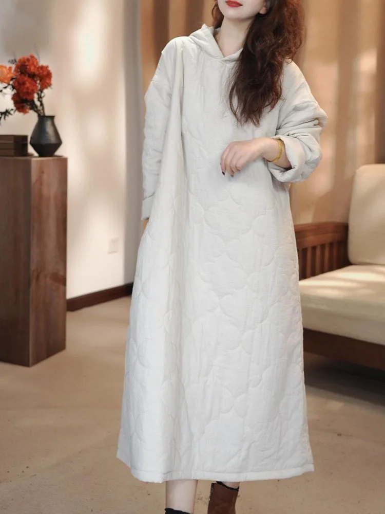 Thickened Cotton Padded Hooded Dress Overhead Winter Quilted Warm Home Clothes Women's Mid-length Coat Chinese Style Small Co...