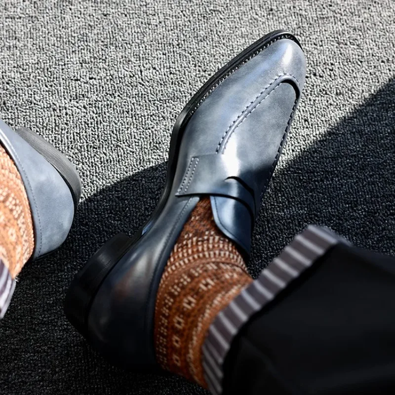 Italian Shoes Men Genuine Leather Slip on Loafers Youth Casual Square Toe Office Party Wedding Dress Leather Shoes Male Oxfords