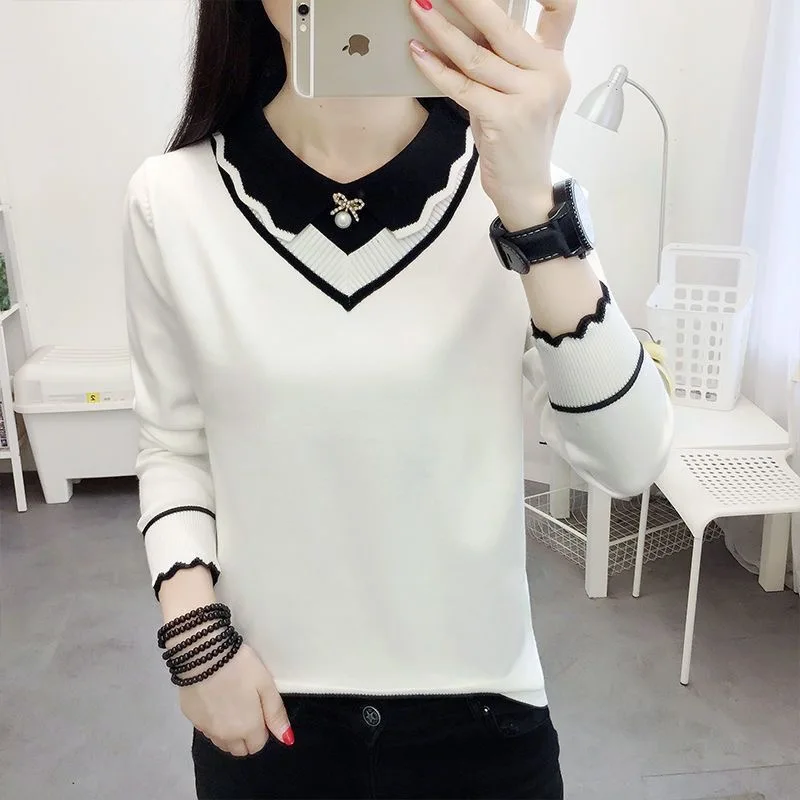 Women Autumn Winter Knitted Pullover Sweaters Lady Casual Long Sleeve Peter Pan Collar Pullover Tops WY1023