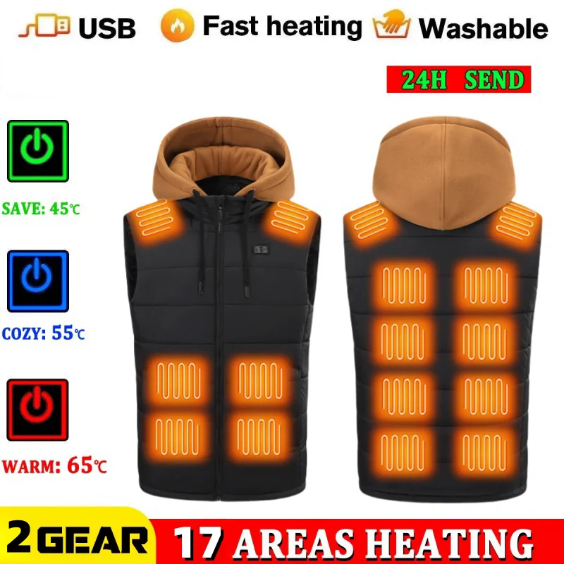 Detachable Green Red Cap Sleeveless Jacket 15 Zone 5V Heated Vest Fishing Camping Mountaineering Black M/L/XL/XXL/XXXL/XXXXL