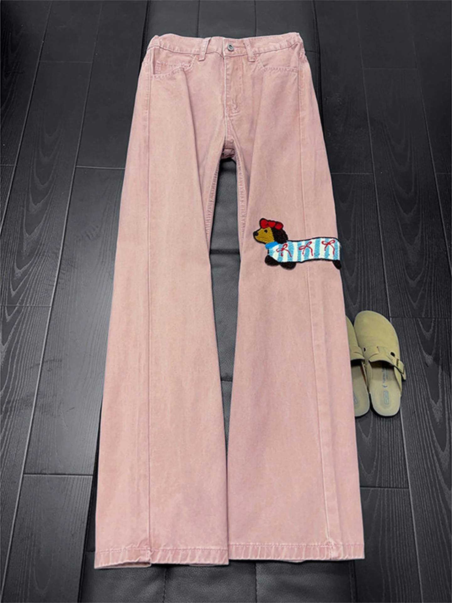 

Pink Sausage Dog Floing Embroidery Knife Jeans Men's American High Street Design Sensation Flared Workwear Pants