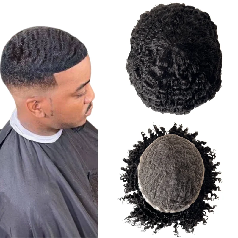

Malaysian Virgin Human Hair Hairpieces 1B Black 12mm Wave Toupee 8x10 Lace Units for Black Men