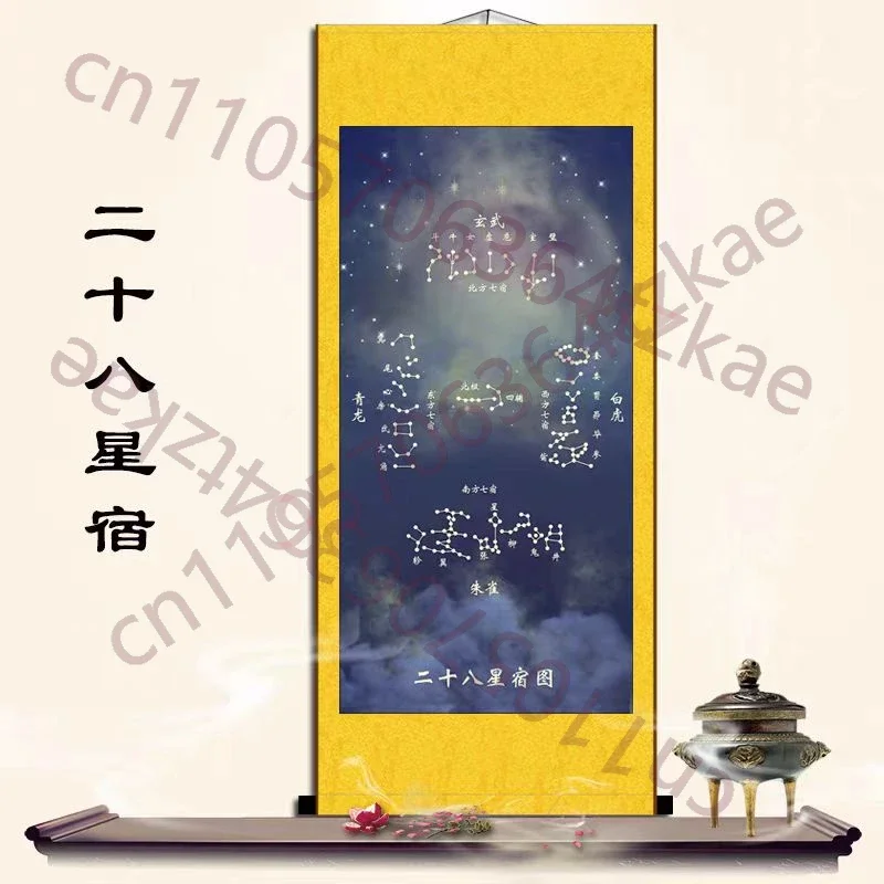 28 star chart orientation scroll hanging painting,Feng Shui wealth drawing,silk decoration painting,auspicious