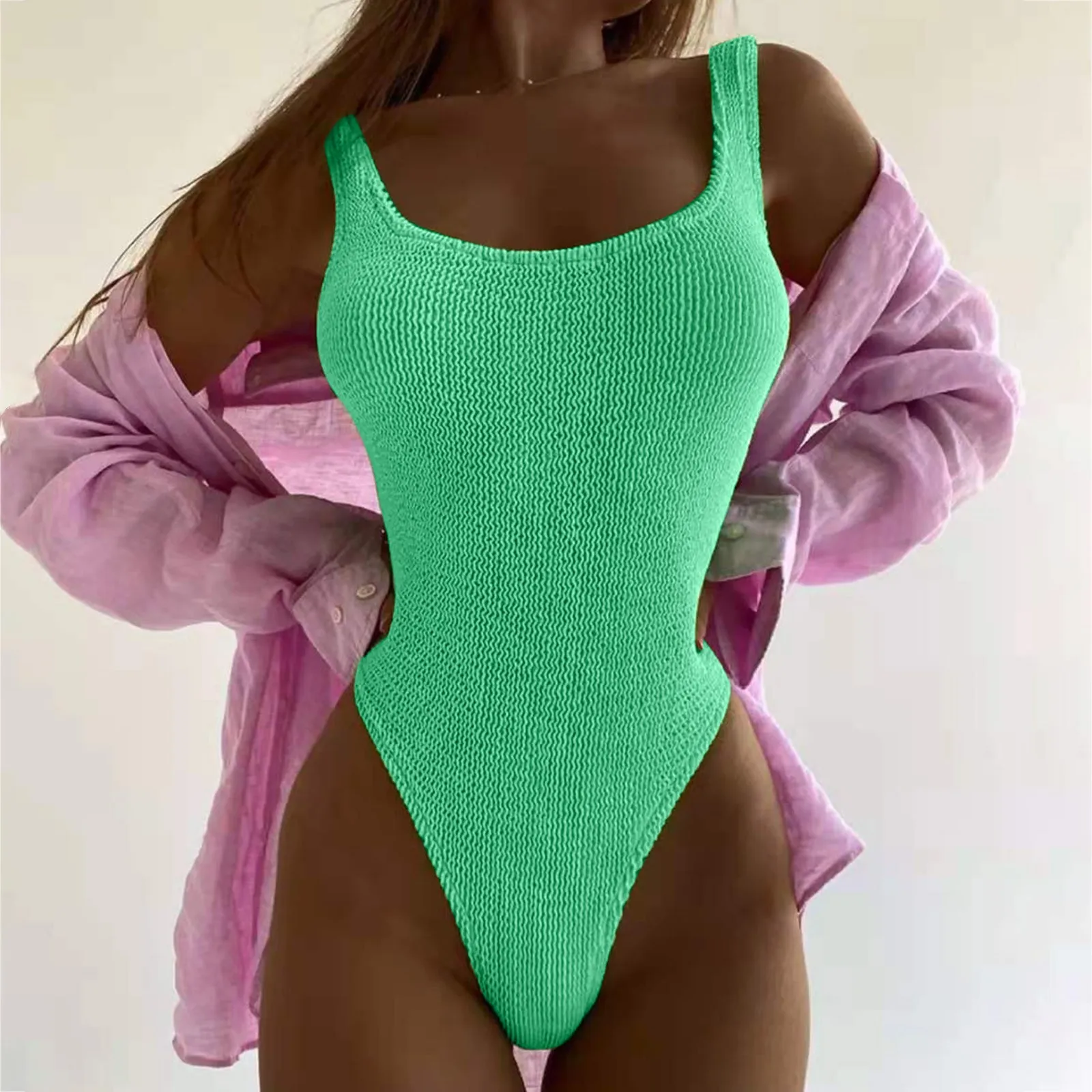 Sexy Women One Piece Swimsuit Solid Pink Swimwear Push Up Thong Bather Bathing Suit Monokini Brazilian Swimming Suits Bodysuit