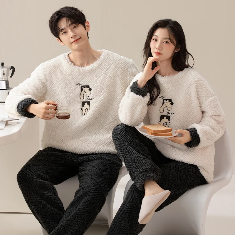 

Couple Pajama set men's flannel women's autumn and winter coral fleece loungewear warm thickened Nightwear pijamas de pareja