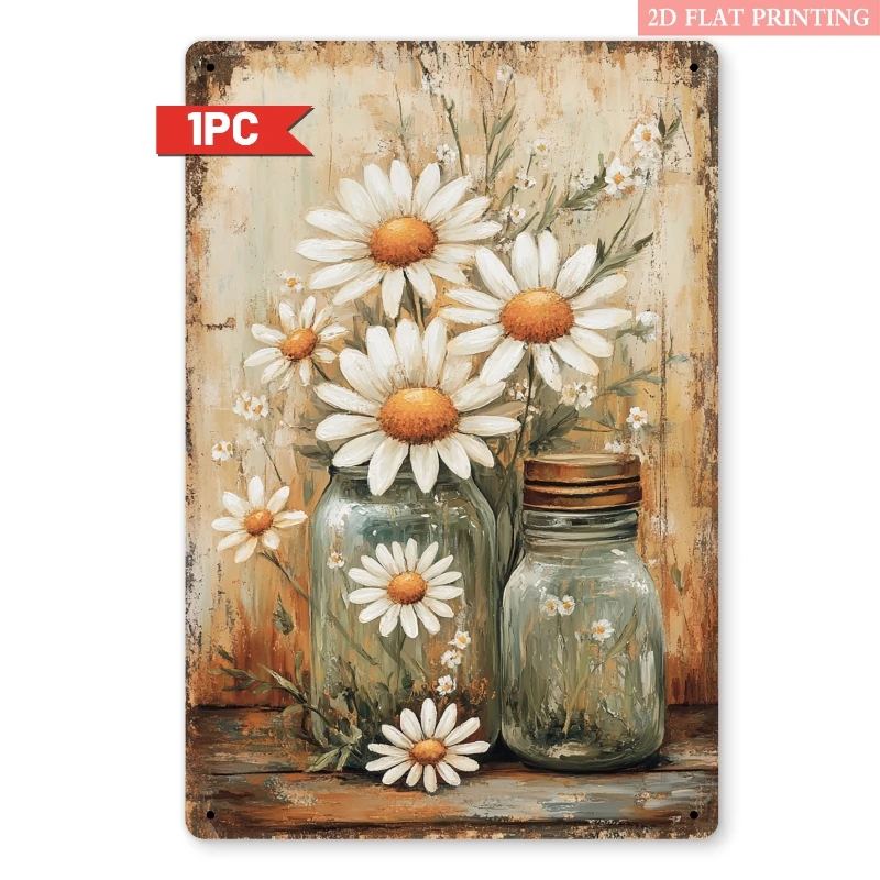 Vintage Daisy Vase Metallschild aus Eisen, 8 x 12 Zoll, Retro-Wanddekoration, Blechschild für Schlafzimmer, Bauernhaus