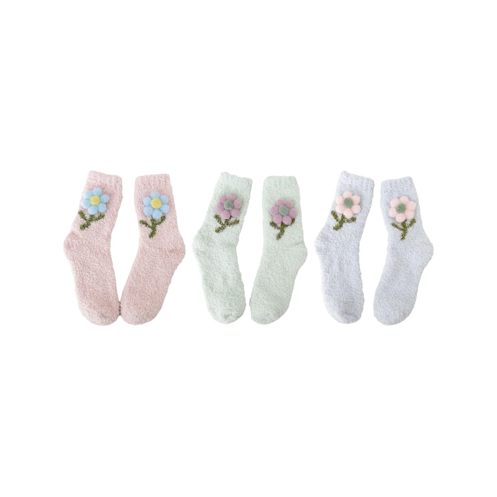 

Small flower warm mid-calf floor socks three-color combination pack (1 pair each of pink/green/blue)