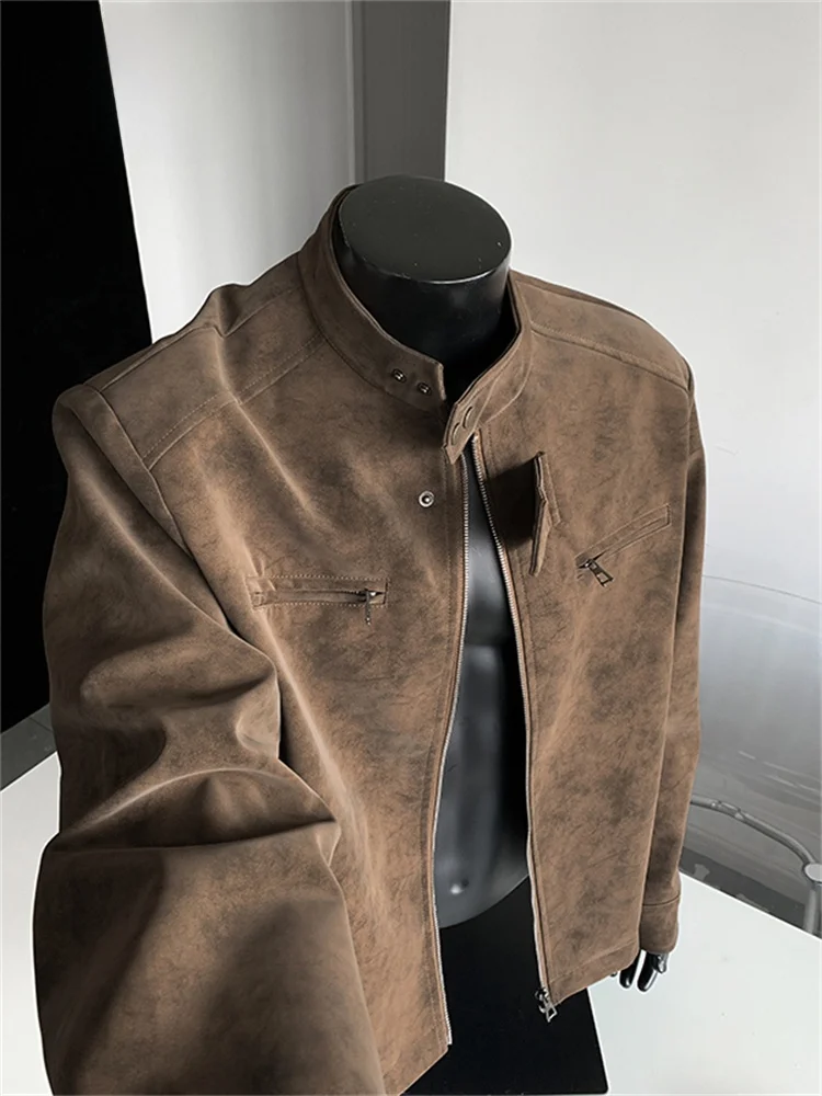 

American Dyed PU Leather Jaet Men's Loose Stand Collar Zipper Closure Anti-Wrinkle Fall Winter Faionable Top irt