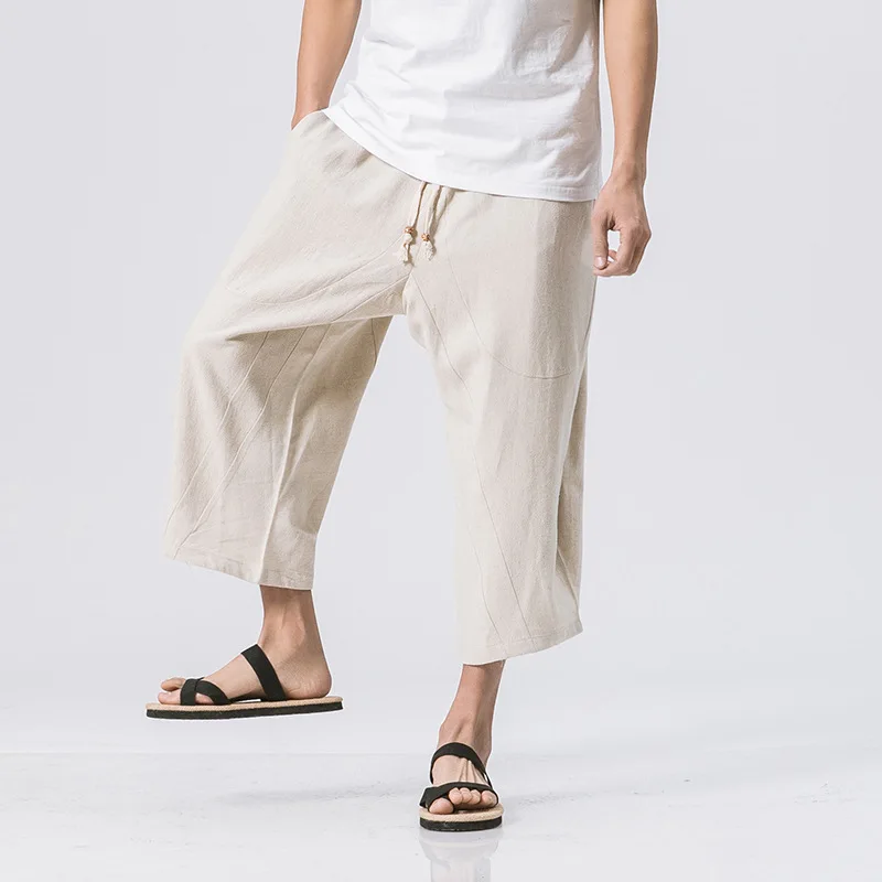 2023 Summer Men Harem Pants Short Joggers Chinese Style Calf-Length Casual Baggy Pants Solid Color Male Capris Trousers 5XL