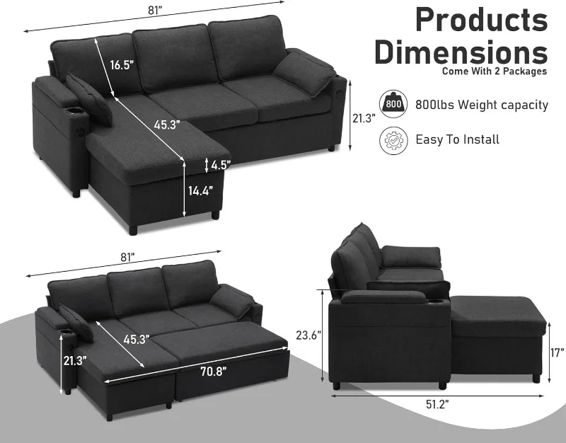 DURASPACE Sofa Bed Sleeper Pull Out 2 in 1 Sectional Sleeper Sofa Couches with Storage,USB, Cup Holder,Pullout Sectional Couches