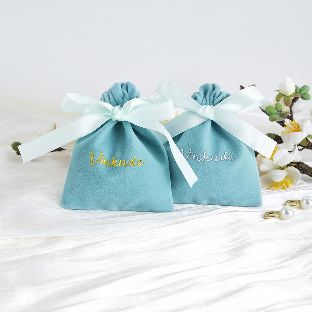 100Pack Custom Logo Luxury Soft Velvet Jewelry Pouch With Ribbon Drawstring Packaging Bag for Wedding Party Gifts Storage Dust