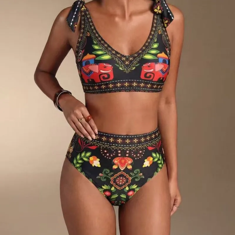 Ethnic Style Printed Tie-Strap High-Waisted Fashionable Resort-Style Two-Piece Swimsuit for Women Flora Beach Wear bikinis