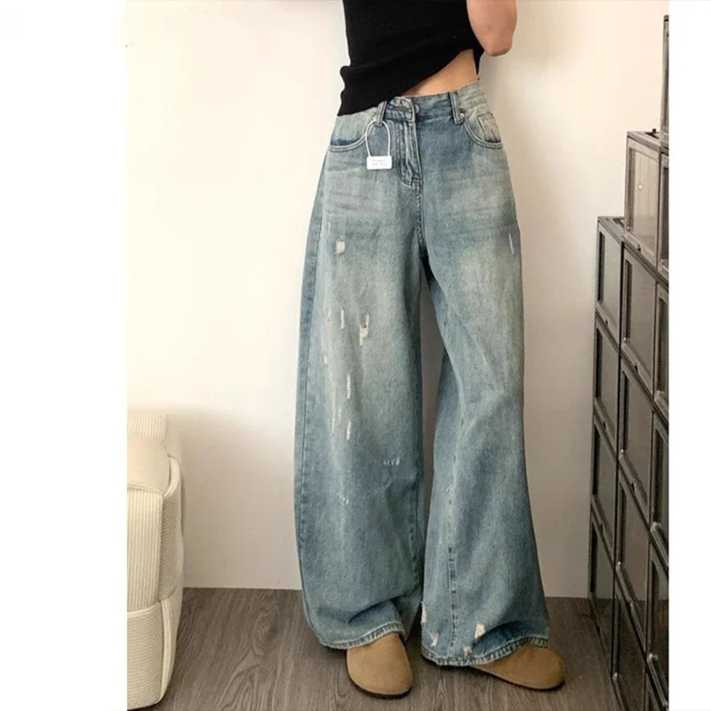 Women Y2K High Waist Wide Leg Jeans Vintage Light Washed Distressed Ripped Loose Denim Casual Trousers Daily Commuting Pants