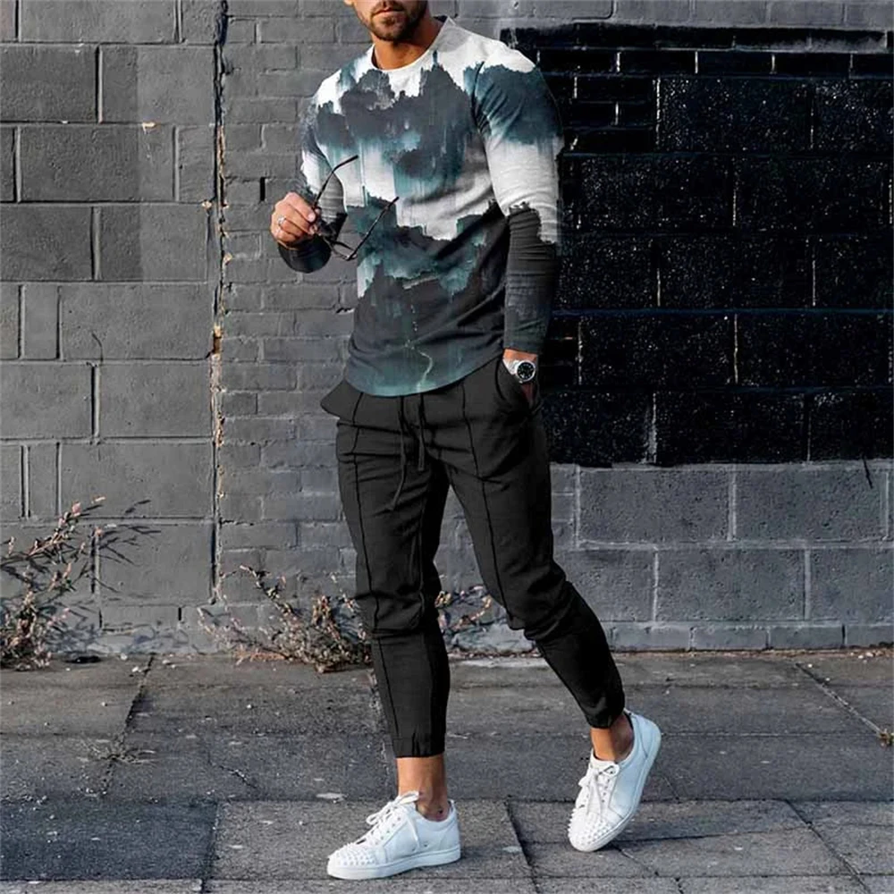 Man Jogging Suit 3D Printed Patchwork Long Sleeve T-Shirt Trousers 2 Pice Set Streetwear Casual Tracksuit Male Oversized Tops