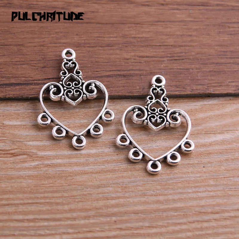 PULCHRITUDE 10pcs 21*31mm Two Color Zinc Alloy Vintage Hollow Herat Connectors Pendants Jewelry Making DIY Handmade Craft