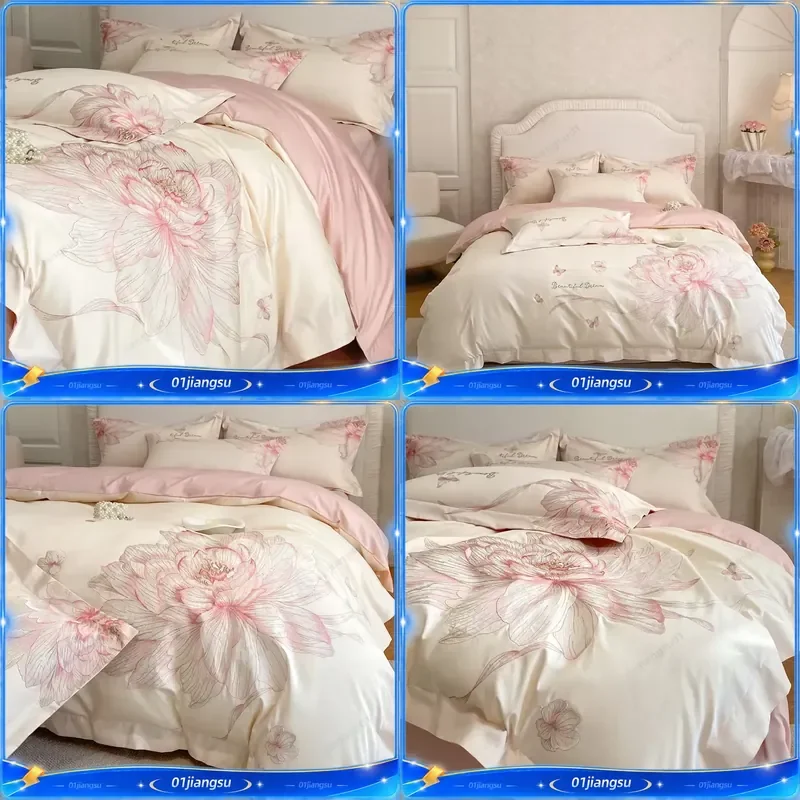 Pink Flowers Embroidery Bedding Set Luxury Egyptian Cotton Duvet Cover Flat Fitted Sheet Pillowcases Home Textiles Queen King