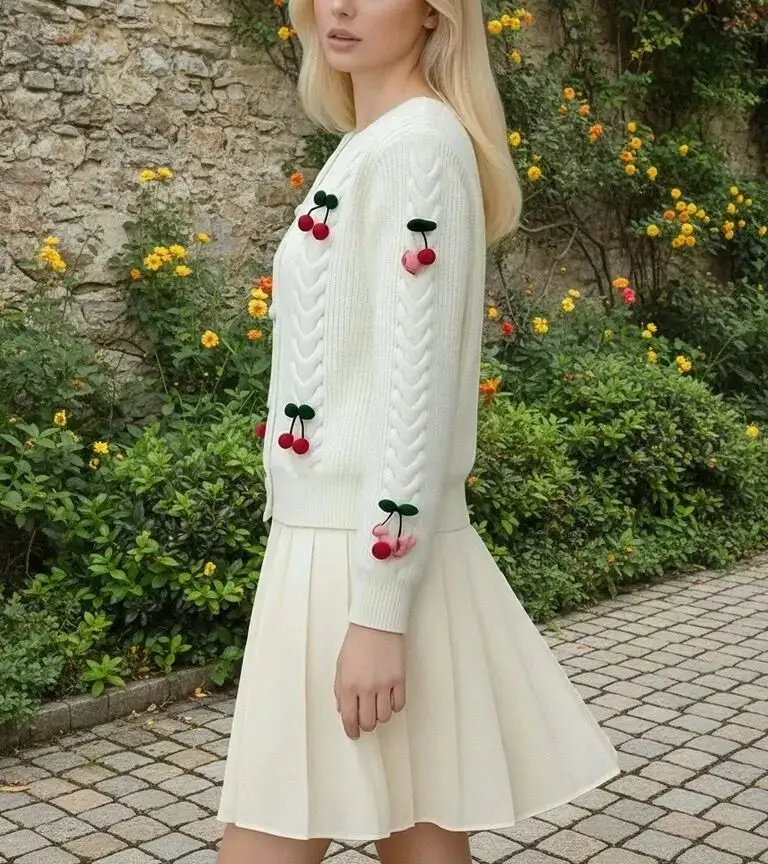 

Женский кардиган с круглым вырезом и 3D-декором в виде вишни – Нежный стиль, однобортный, укороченный свитер-пальто, весенняя новинка