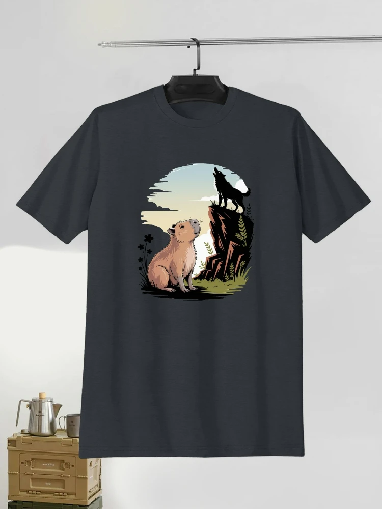 with Listening Capybara&Howling Wolf Graphic design-100% cotton summer casual round neck short sleeve printed men's T-shirt.