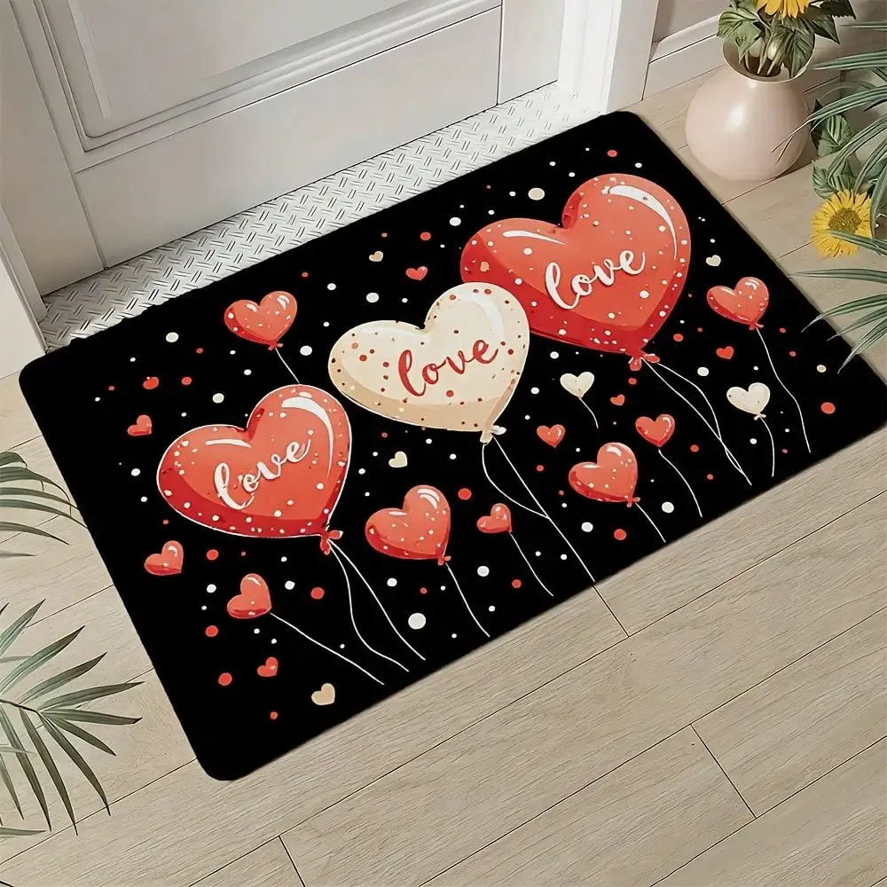 1pc Heart-Shaped Love-Themed Area - & Red Heart Pattern With Lettering, Durable Polyester Indoor Entryway, Bathroom, Kitchen, Living Room - Washable Rectangular