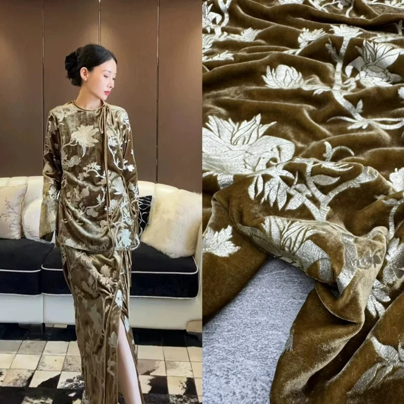 Gilded Years Suede Hot Stamped Silk Velvet Fabric New Chinese Cheongsam Dress Set Small Coat Autumn Winter DIY Fabric