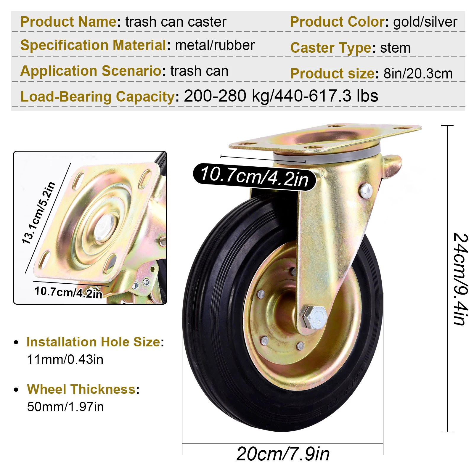 Heavy Duty Caster Wheels 8 Inch Industrial Casters 4 Pieces Castor Wheels, 360 Degrees Rotation,Castors for Cart Workbench
