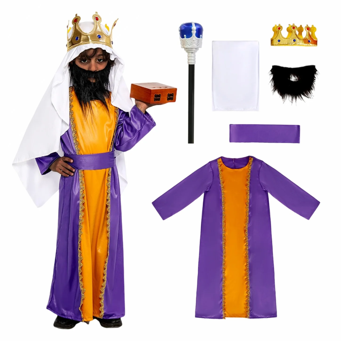 Kids Boys Medieval Kings Role Play Crown Dress Beard Scepter Sets Children Outfit Halloween Cosplay Costumes
