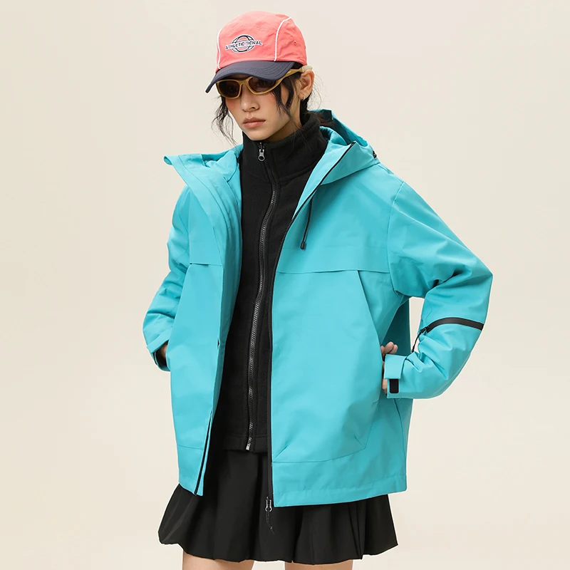 Unisex 3 in 1 Outdoor Windproof Waterproof Mountain Jacket Loose Fit Hood Adjustable Drawstrings Travel Hiking Outer Coat