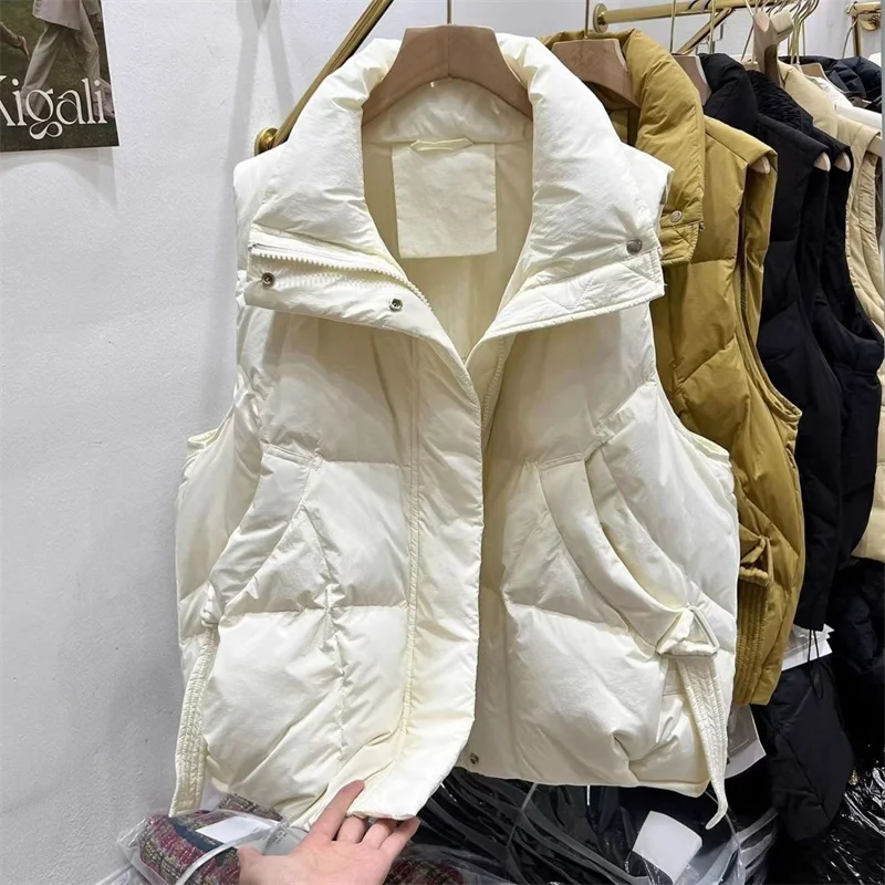 2034 Autumn Winter Tooling Down Cotton Vest Women Fashion Korean Short Padded Thick Warm Sleeveless Waistcoat Parkas Female Tops