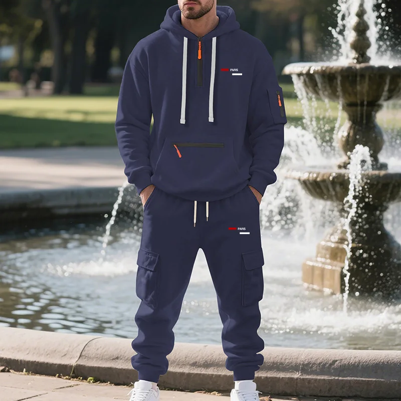 Winter men's fleece hooded sweatshirt, loose casual sports workwear jacket, half zip sweatshirt, couple style fashionable sports