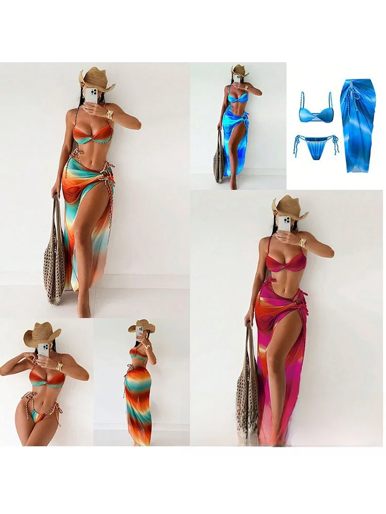 

Bikini2025 Middle East Style Asymmetrical Dyed Rope Dragging Bikini Sexy Skirt Style Swimming Suit Polyester Material with Ch...