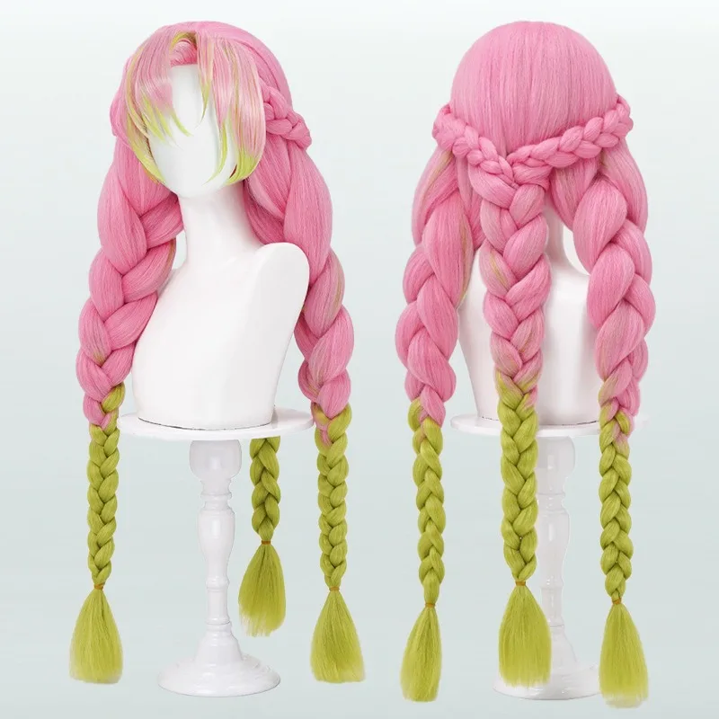 Kanroji Mitsuri Cosplay Wig with Three Braids Cosplay Pink-Green Ombre Cornrow Wig Anime Cosplay Clothing Accessories for Women