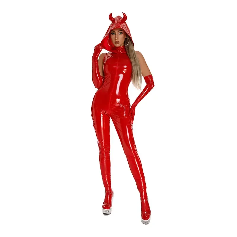 

Faux Leather Jumpsuit Women Sexy Zipper Open Crotch Latex Catsuit Skinny Bodysuit Demon Queen Jumpsuits Costume