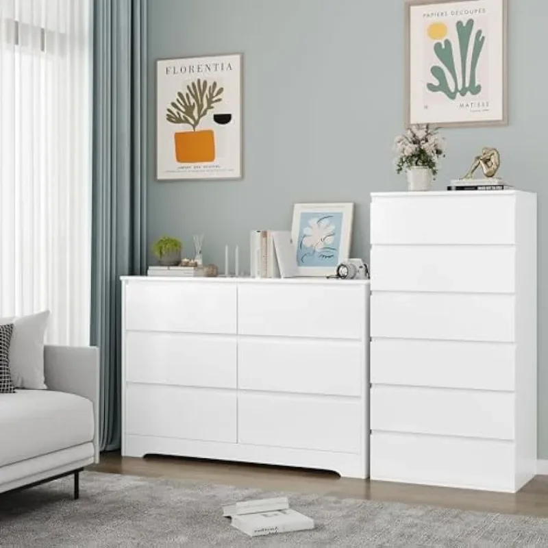 6 Drawer Double Dresser, White Dresser, Modern 6 Chest of Drawers with Deep Drawers, Wide Storage Organizer Cabinet