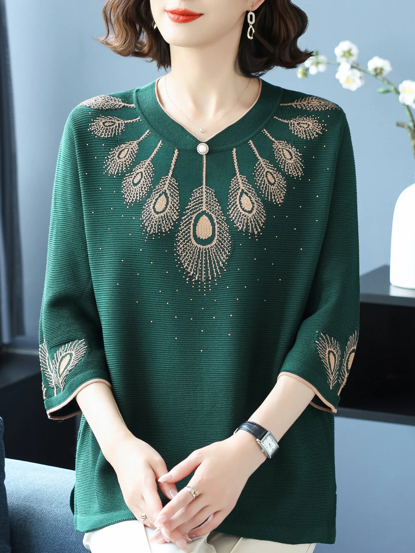 봄 니트 루즈핏 세븐스 스웨트 임부복 탑 플러스 사이즈 여성 티셔츠 패셔너블 플러스 사이즈 니트웨어 중년 여성용...