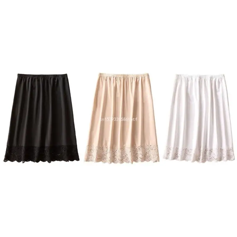 Womens Solid Color Lace Trim Half Slips Underskirt Elastic Waist Midi Half Skirt Lace Trim Petticoat for Under Dresses Dropship