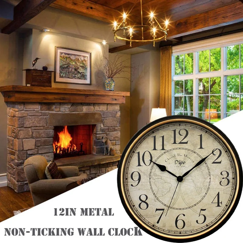 Digo Wall Clock 15 Inch Metal Silent Non-Ticking Battery Quartz Retro Digital Clocks Decor Table Dial For Home Room