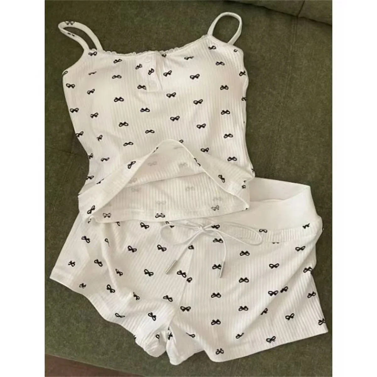 Women's Bow Pajamas Set Printed Summer Spaghetti Strap Top&Short Homewear 2 Piece Set Female Casual Cozy Slim Loungewear Bra Set
