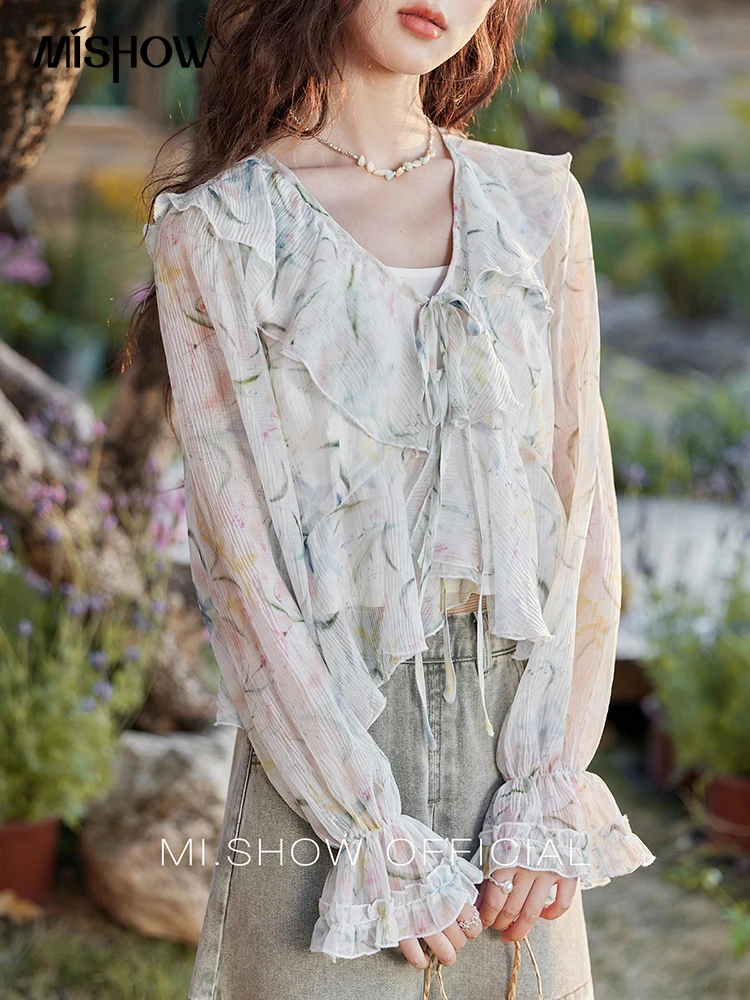 MISHOW Floral Ruffled Edges Blouse with Camisole Set Spring 2025 Loose V-neck Lace-up Chiffon Top Petal Sleeve Blouse MXE13X1718