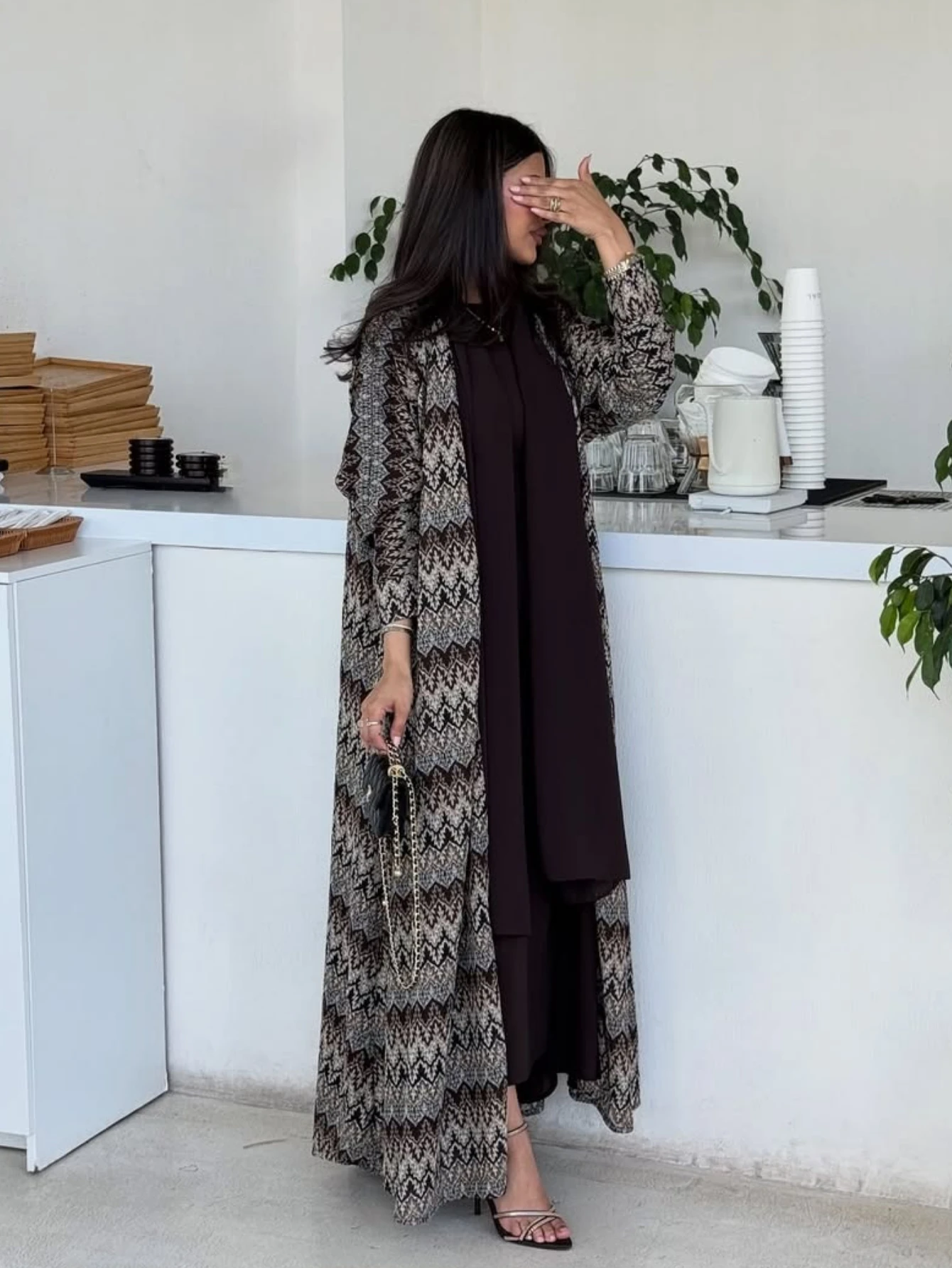 الشرق الأوسط المرأة المسلمة عبايات قفطان إسلامي فساتين ماكسي عتيقة كم كامل جلباب فضفاض مفتوح الجبهة عباية + الحجاب 2 قطعة