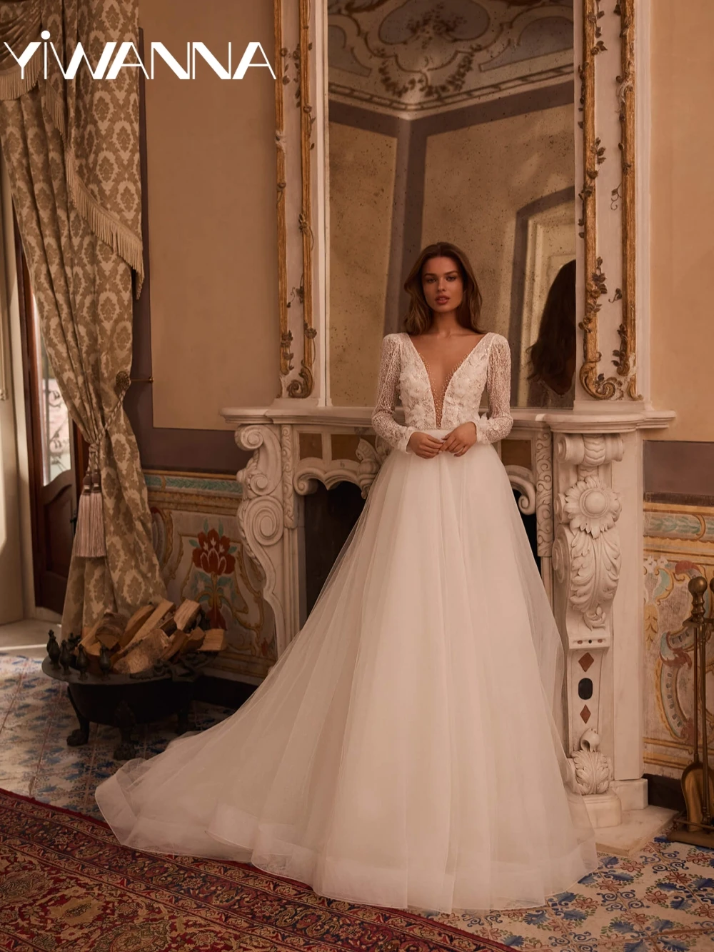 

New Glitter Beaded Lace A-line Wedding Dress Illusion Deep V-neck Long Sleeve Bridal Gown Customized Ivory Dresses For Bride