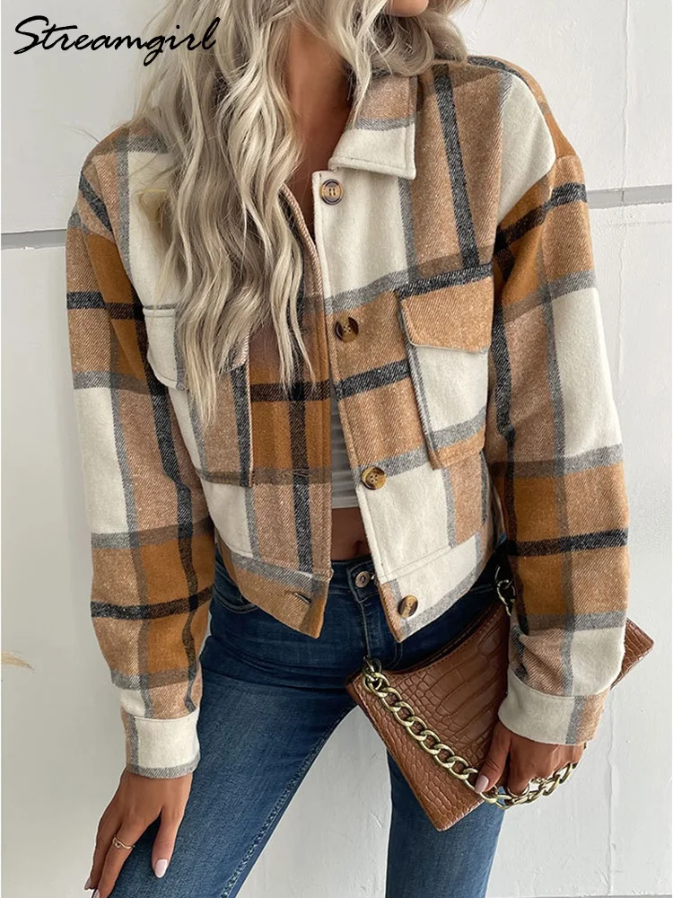 Streamgirl Short Plaid Jacket Women Oversize Autumn Vintage Thicken Wool Plaid Coats Outerwears Autumn Jackets For Women 2023