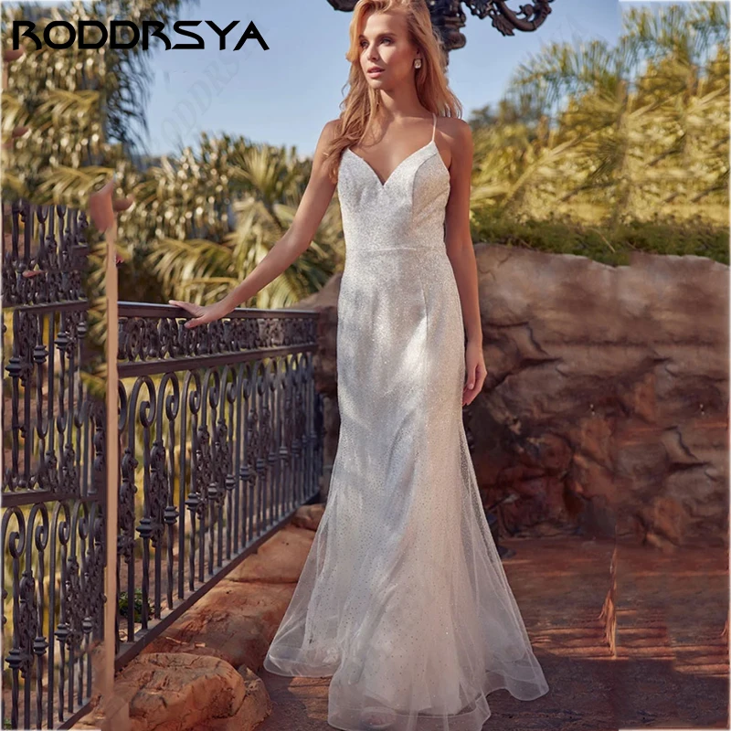 RODDRSYA-Robe de Mariée Sirène en Tulle Scintillant pour Femme, Patients, Sexy, Dos aux, Bretelles Spaghetti Robe de Mariée Sirène en Tulle Scintillant pour Femme, Patients, Sexy, Dos aux, Bretelles Spaghetti Robe de M